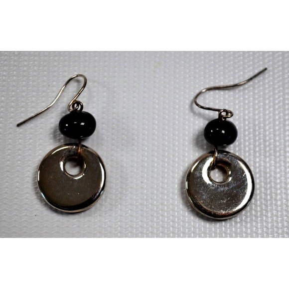 Silver Tone Hook Dangle Pierced Earrings Enamel Coated Ring w/ Black Bead 1.5" - Picture 6 of 7